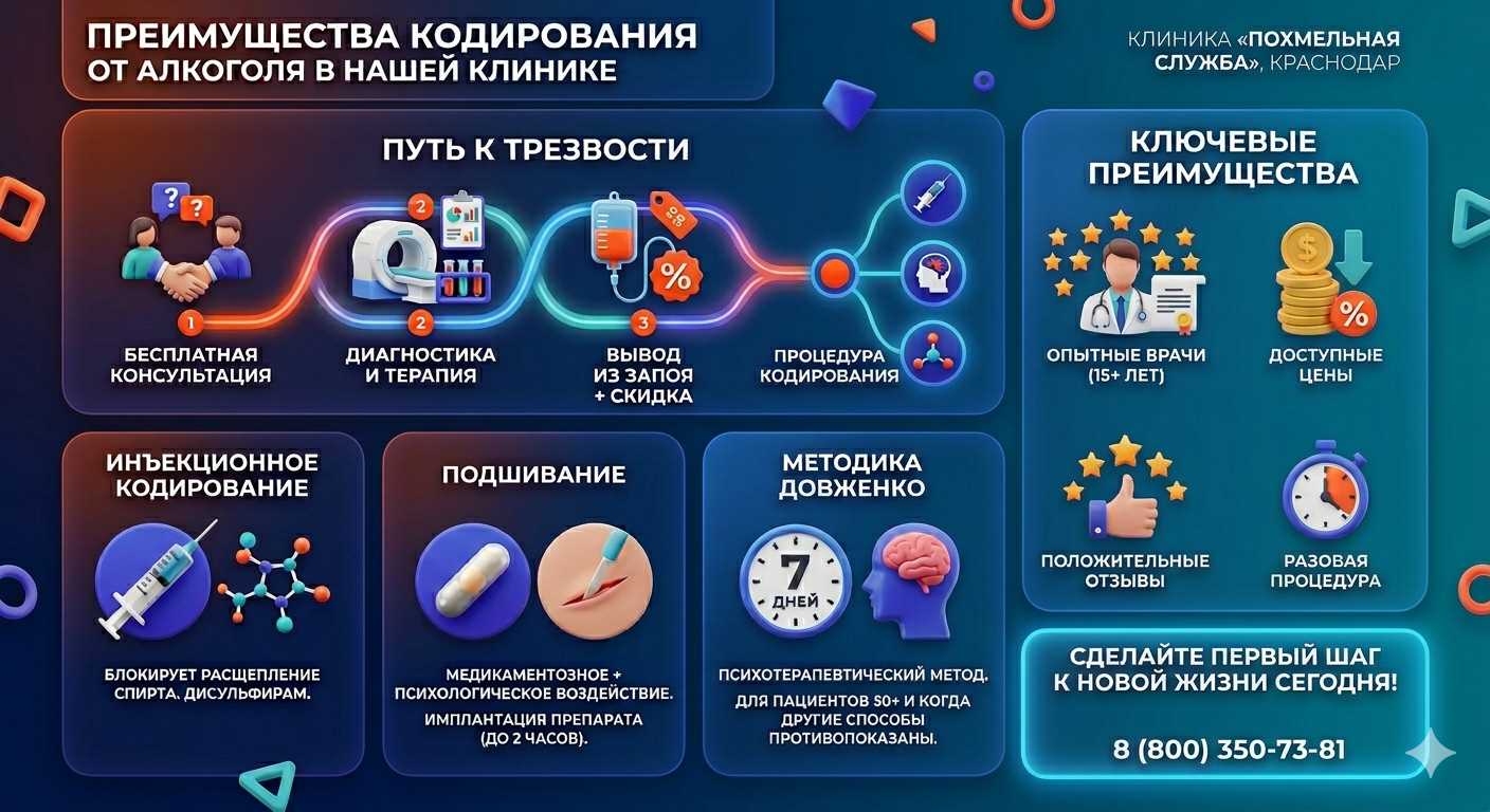 Инфографика о методах кодирования от алкоголя в Полевском: инъекции, подшивание, метод Довженко. Преимущества клиники и этапы лечения.